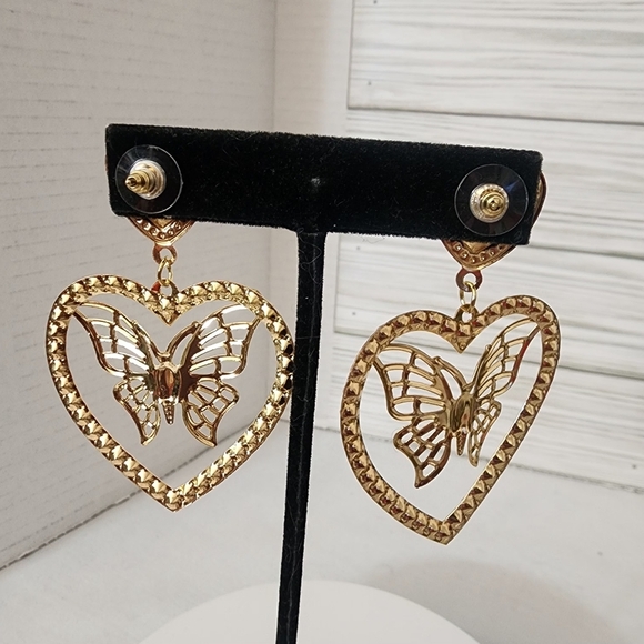 Gold Heart Earrings with AB Crystals and Butterfly - Picture 4 of 5